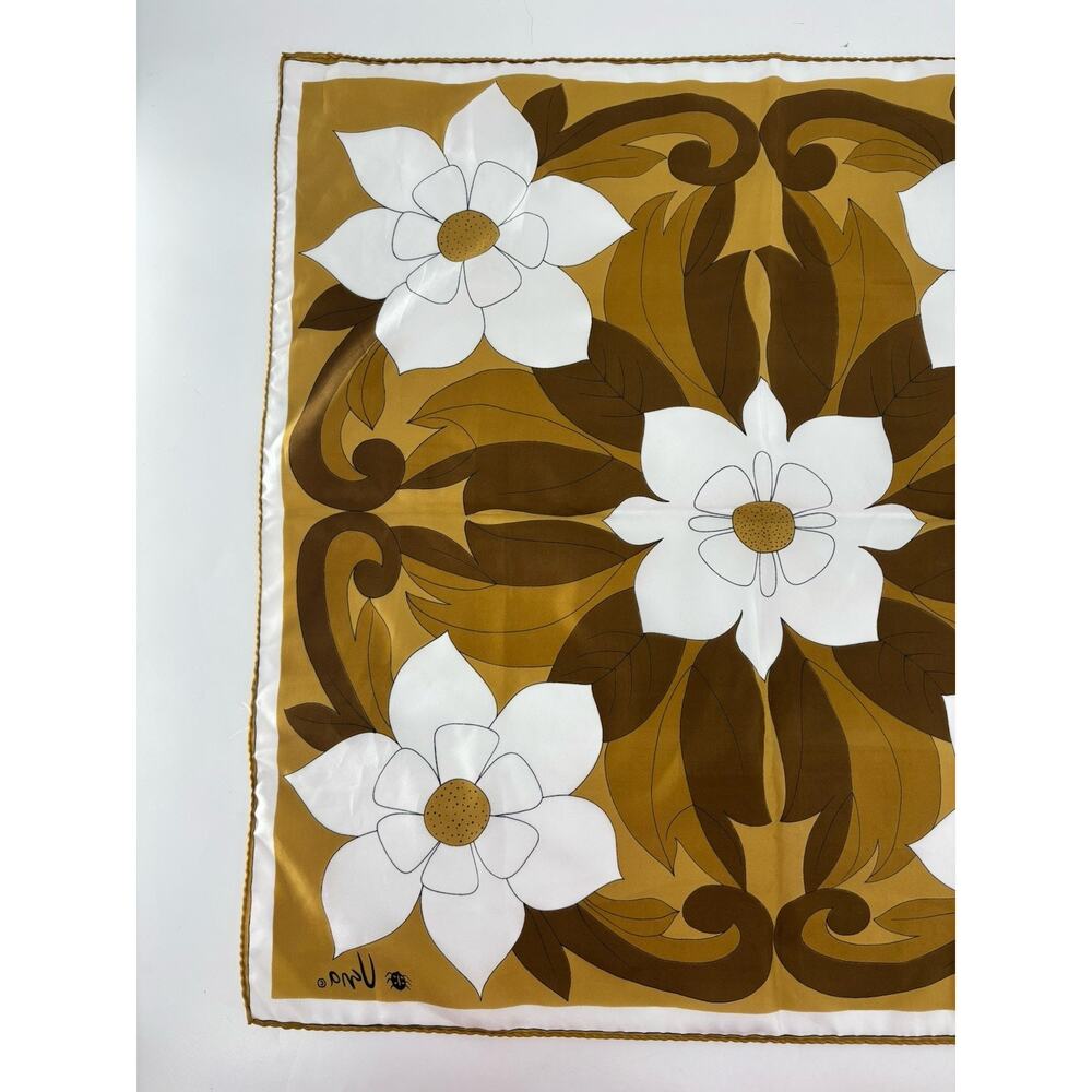 Vintage Uena Scarf Womens Brown White Floral Blossoms Square Silk Retro Sheer - Picture 8 of 9